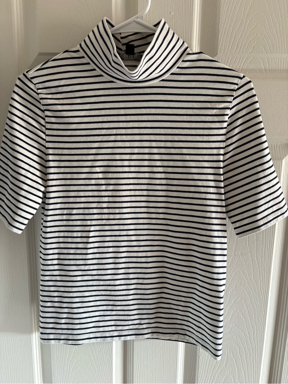 J. Crew White and Black Striped Short-Sleeve Turtleneck Top